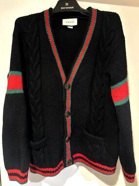 Gucci Web Stripe Cable-Knit Cardigan | Black | Size S  | Like New